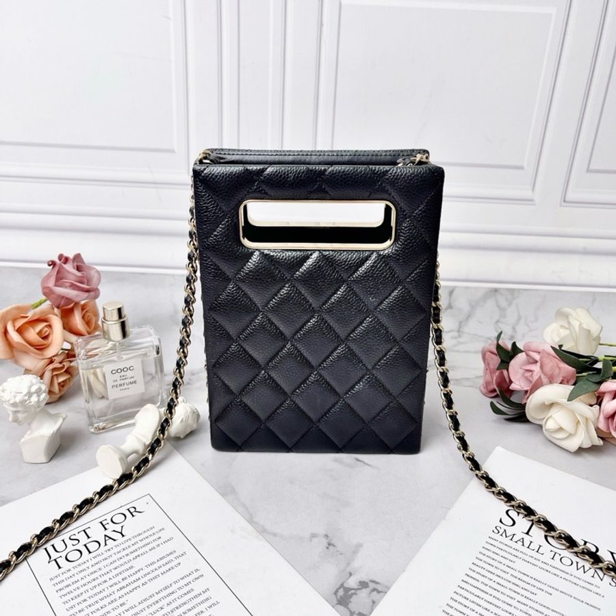 Chanel 22S黑色羊皮荔枝紋borsa da sera mini 手提肩背斜背包 19×14×3 98新配件塵袋盒子購證-5