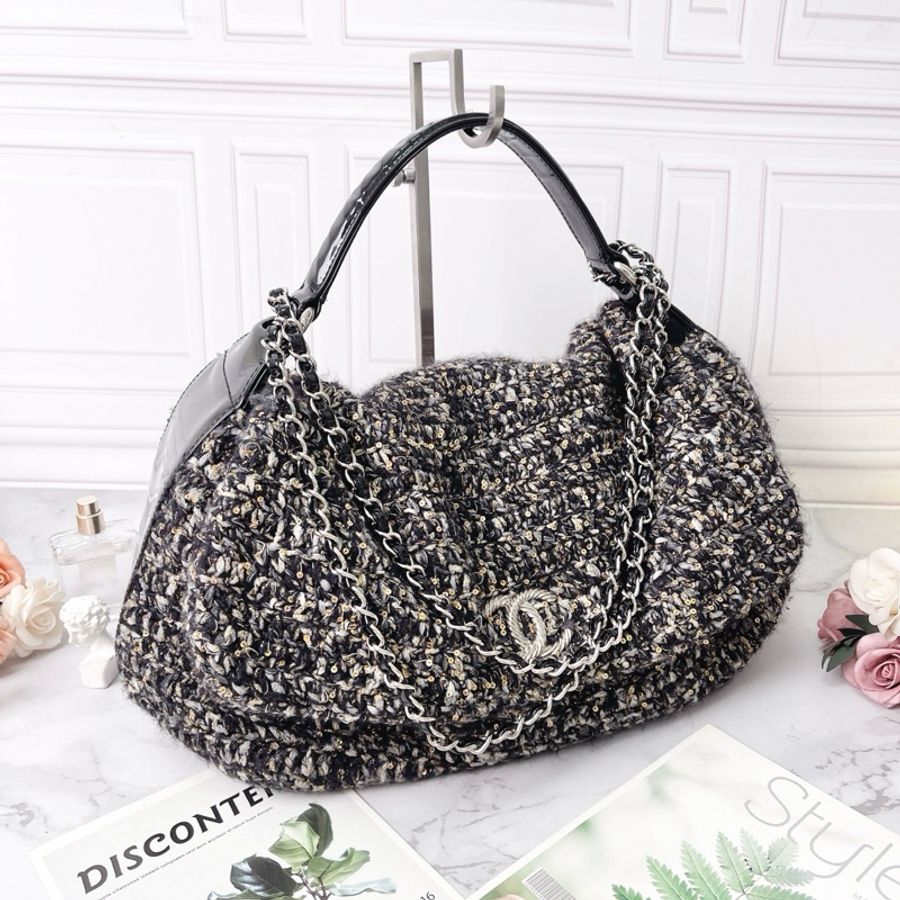 Chanel 毛呢編織hobo手提肩背包xxl機場包32×40×14 98新配件塵袋保卡-3