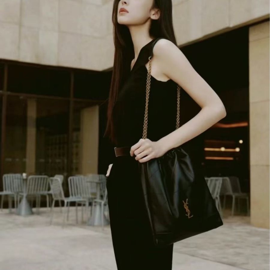 YSL Jamie黑金小羊皮購物袋垃圾袋斜背包25×33×2 98新配件塵袋盒子-0