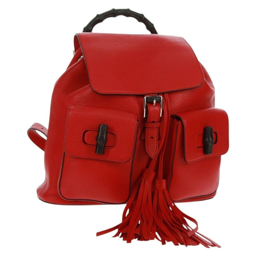 【日本直送】GUCCI 竹節雙肩包 皮革 紅色 銀色 370833 正品 158958V-0