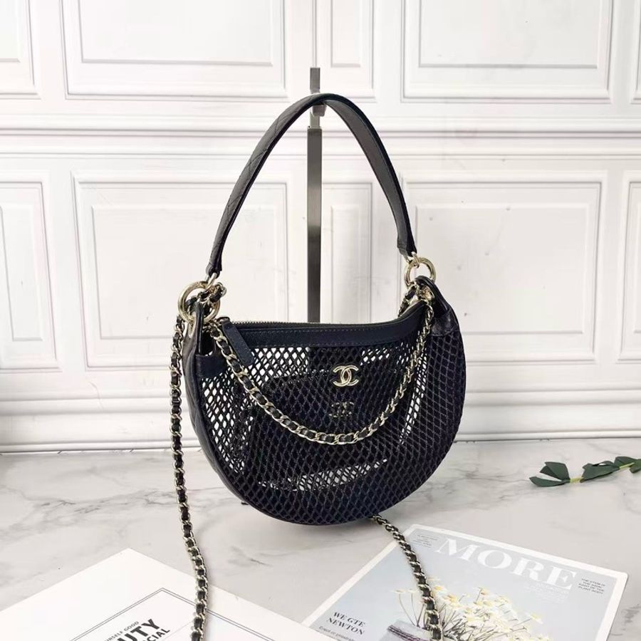 Chanel 25s黑金漁網編織新月包肩背斜背包22×15×6cm 98新配件塵袋-2