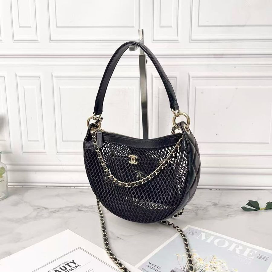 Chanel 25s黑金漁網編織新月包肩背斜背包22×15×6cm 98新配件塵袋-4