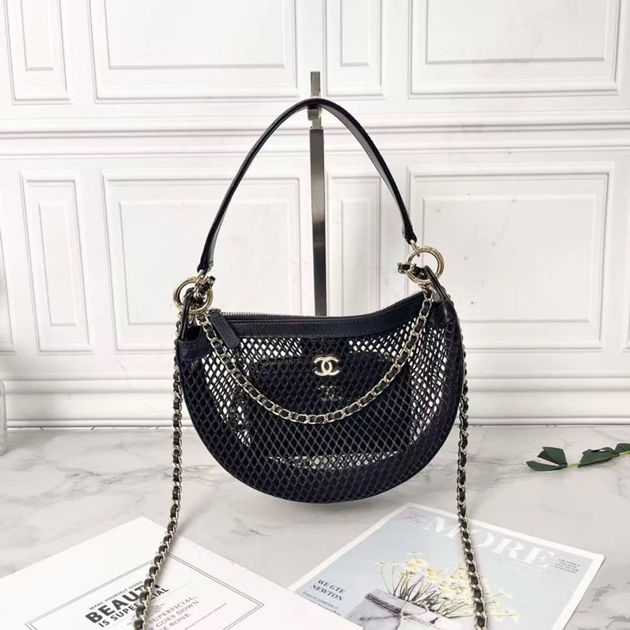 Chanel 25s黑金漁網編織新月包肩背斜背包22×15×6cm 98新配件塵袋-5