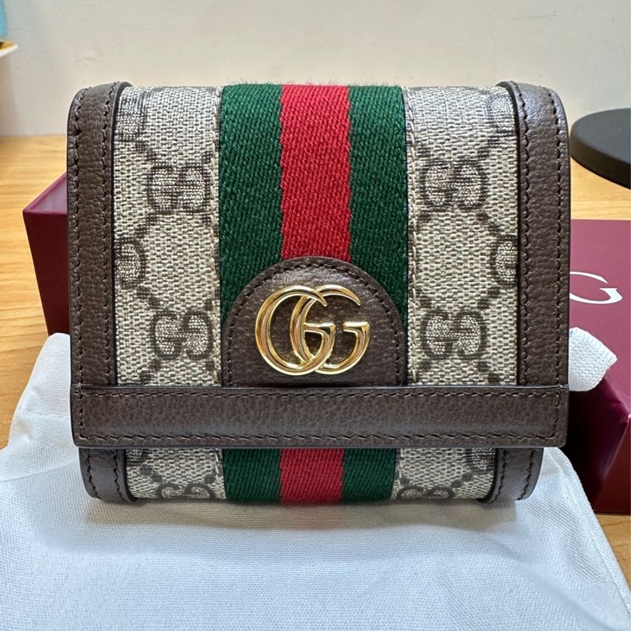 GUCCI 古馳 經典Ophidia GG印花帆布牛皮飾邊暗釦短夾-0