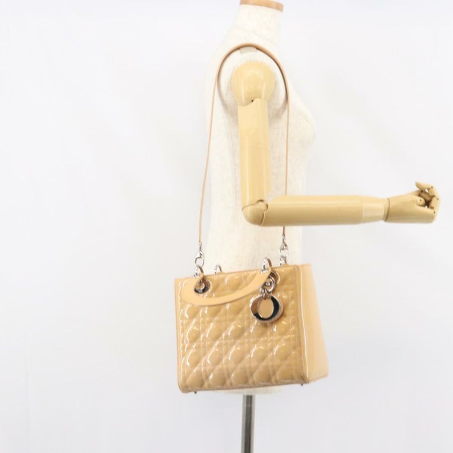 【日本直送】Christian Dior Lady Dior Canage 手提包 漆皮 2way 米色 銀色 正品 ka1144-25