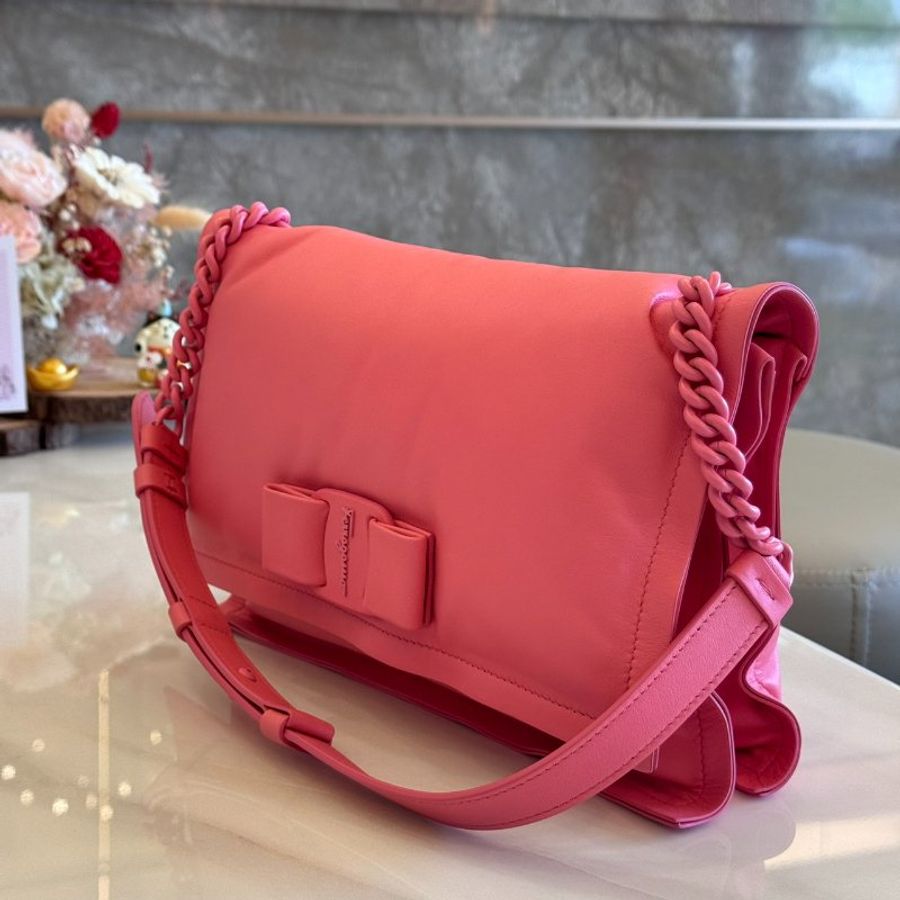 *SHIHNA名牌精品* Salvatore Ferragamo VIVA蝴蝶結小牛皮 粉色肩背包-4