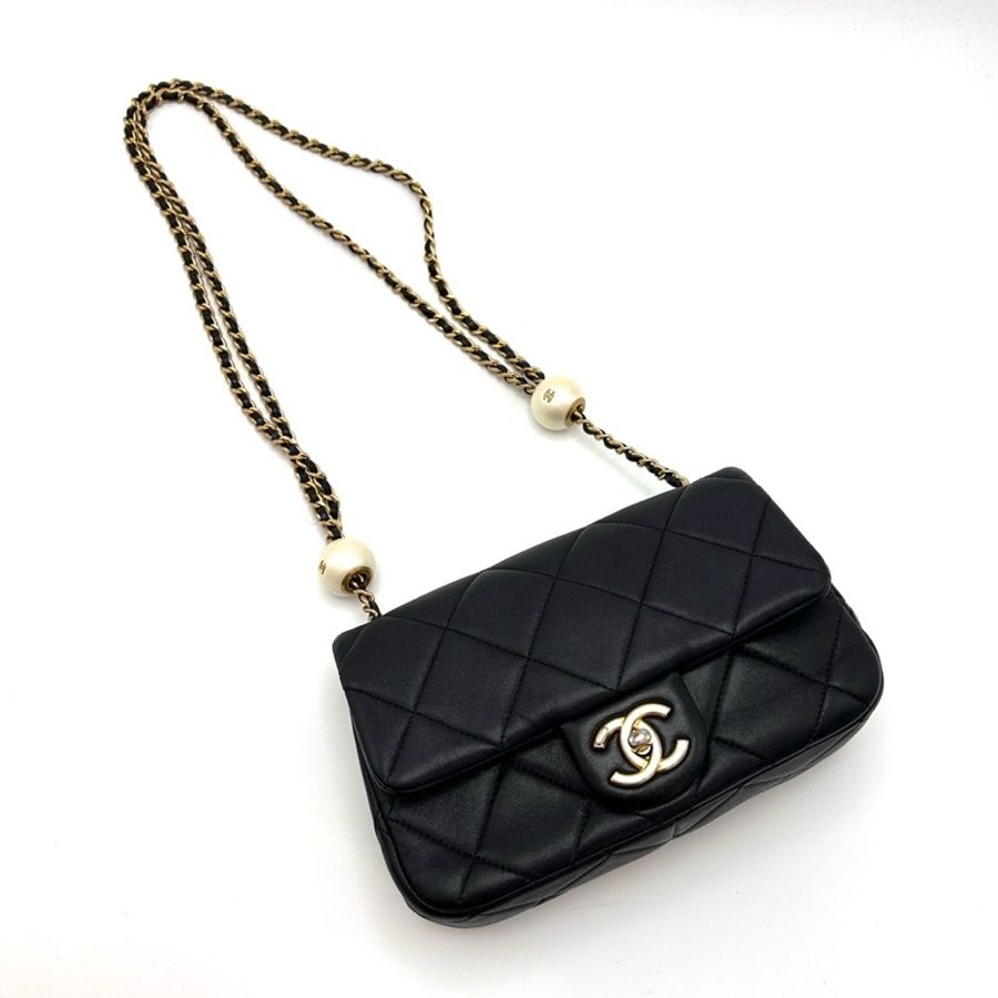 CHANEL 黑金菱格紋雙珍珠大mini肩背斜背包21*13*6 98新配件盒子塵袋-3