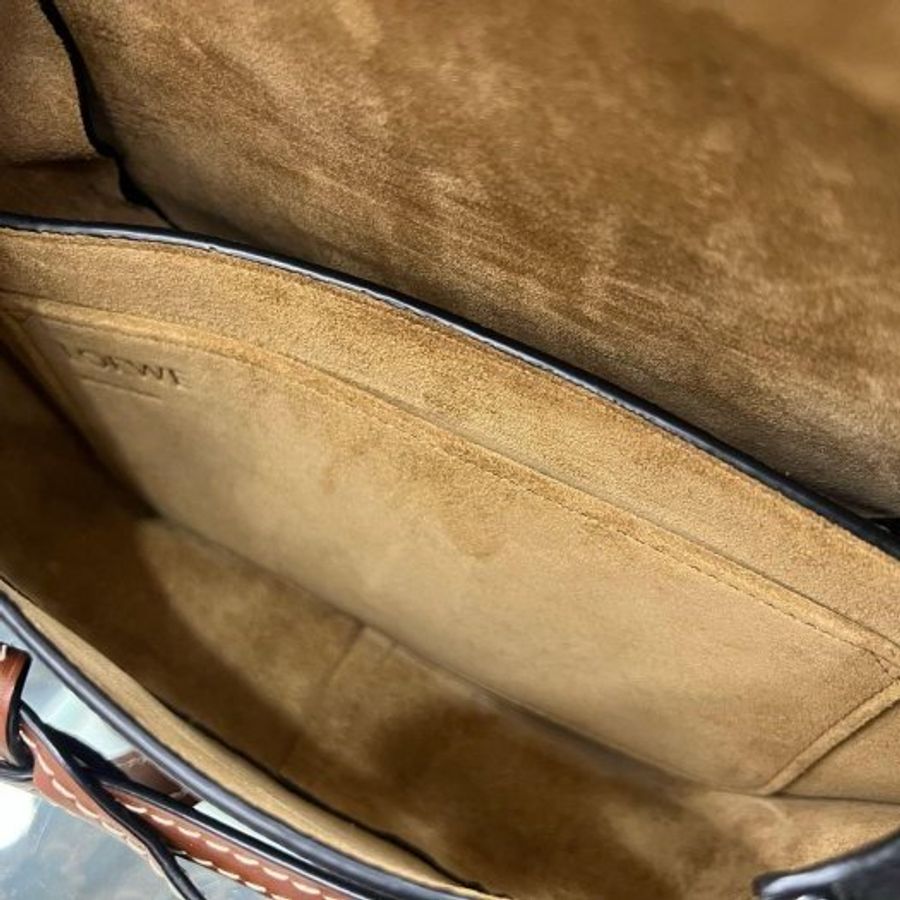 東區正精品㊣LOEWE GATE 黑色荔枝紋拼焦糖色牛皮斜背包郵差包馬鞍包綁帶禮物包小款 RZ5034-3