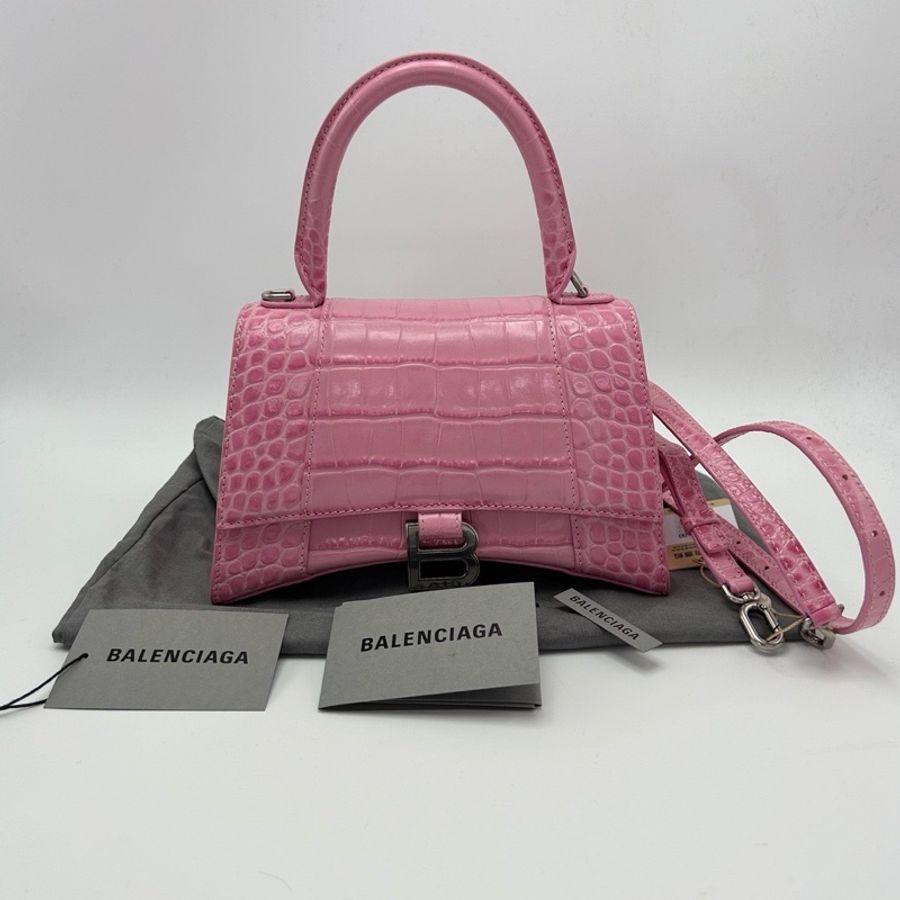 BALENCIAGA 鰐魚壓紋沙漏S粉色銀扣手提肩背斜背包22*13.5*9 98新配件塵袋-1