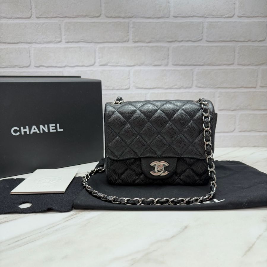 香奈兒 Chanel 方胖 荔枝牛皮 黑銀-0