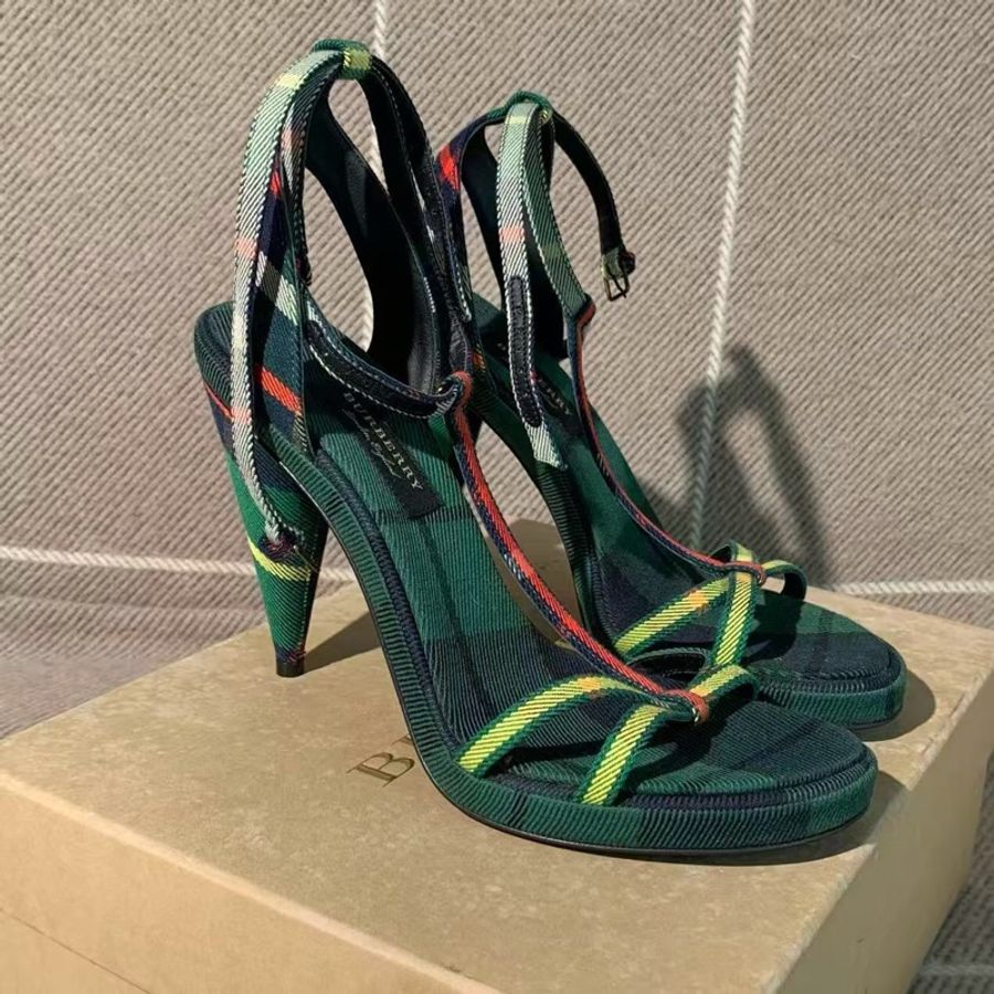 Burberry巴寶莉走秀款高跟鞋限量版圓錐高跟38碼,經典格紋綠黃黑高端配色-0