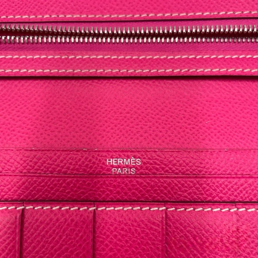 Hermes 愛馬仕 Bearn H 亮粉色銀扣 EPSOM 皮長夾 框W刻-1