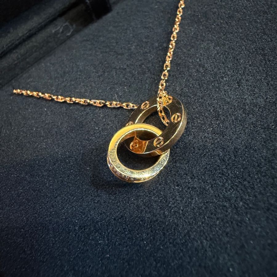 Cartier 750玫瑰金Love滿鑽雙環項鍊B7224528-4