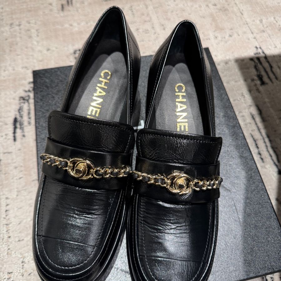 Chanel 黑金皮穿鏈書包扣厚底樂福鞋 Loafers 39.5-0