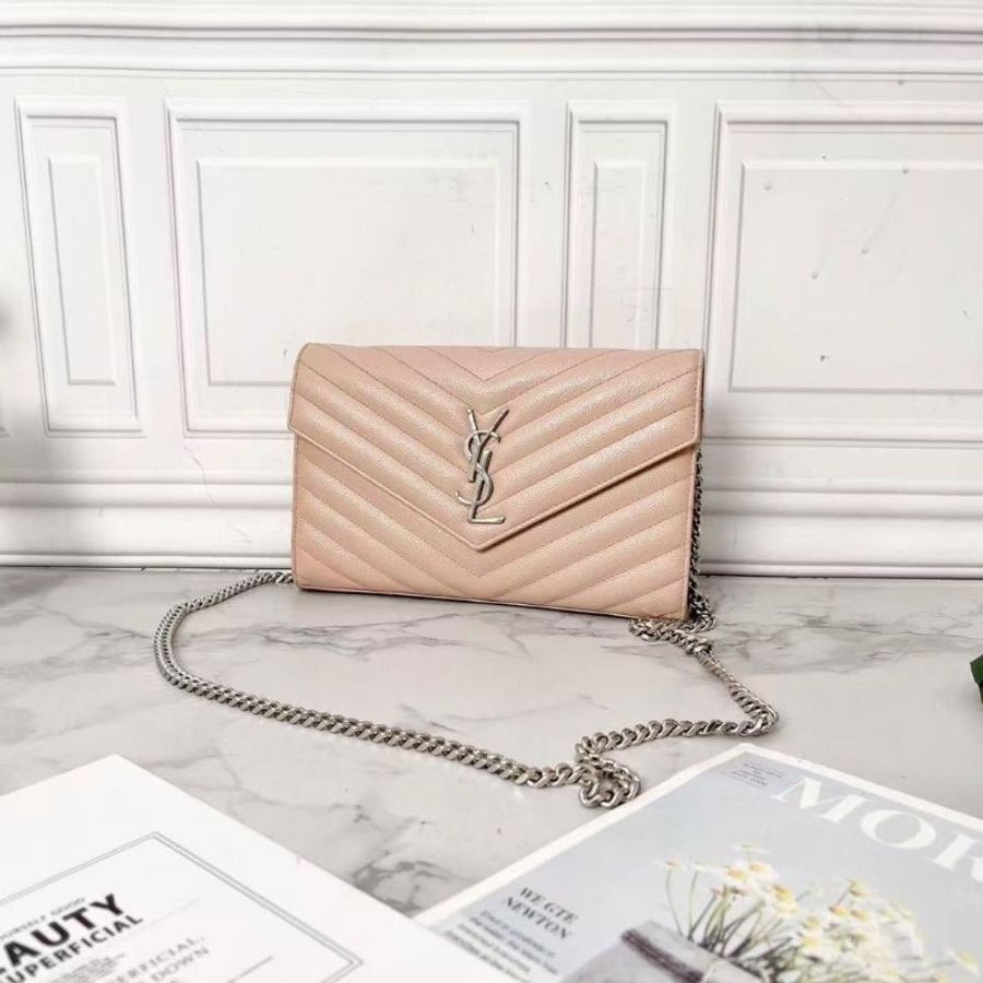 YSL 魚子醬中號粉銀信封包鏈條斜背包 22×15×4 9新 配件塵袋盒子-4
