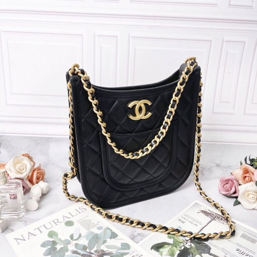 Chanel 24S黑金豎版hobo金扣鏈條包24×22×6 95新 配件塵袋-4