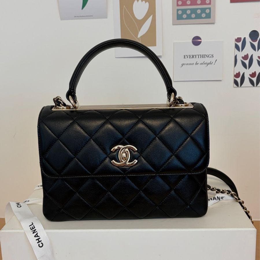 「全新從未使用」Chanel Trendy CC Handle 25cm 小羊皮香檳金-10