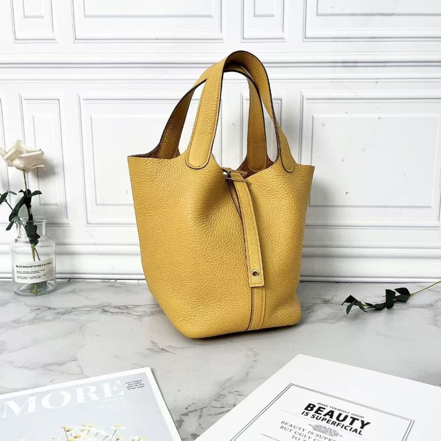 Hermes picotin 18 9D琥珀黃菜籃子手提包18×18×13 98新配件塵袋鑰匙鎖頭-4