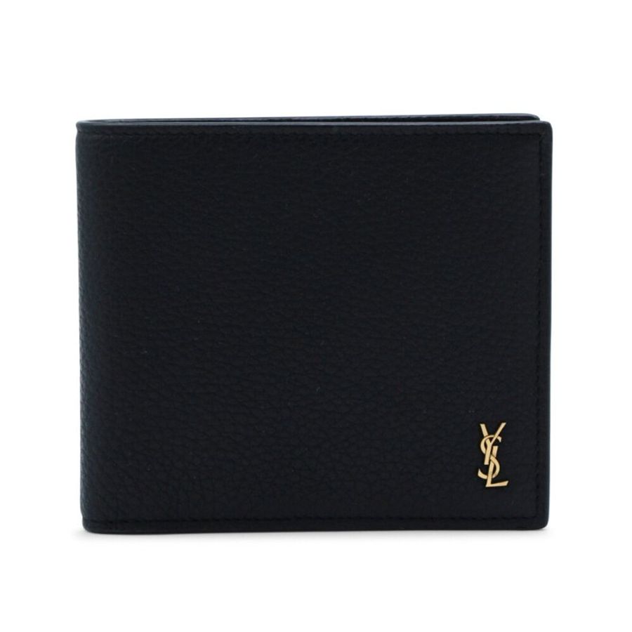 【YSL】SAINT LAURENT Tiny Cassandre East West Bifold 粒面皮革 卡夾 皮夾 短夾 黑色 金色 847954-3