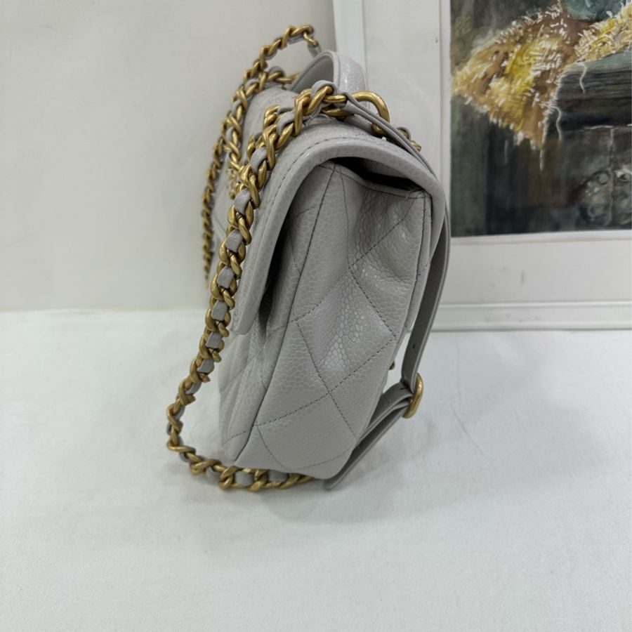 Chanel 香奈兒 25A灰色荔枝皮雙肩包 韓國限定 金扣 奶白色超奶呼 可手提可雙肩 金色鏈條+手柄 經典菱格紋 尺寸:24*18*6-4