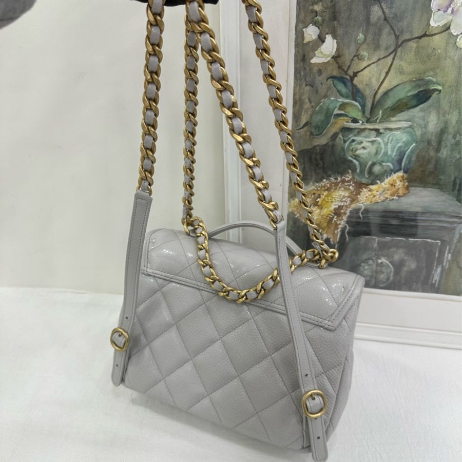 Chanel 香奈兒 25A灰色荔枝皮雙肩包 韓國限定 金扣 奶白色超奶呼 可手提可雙肩 金色鏈條+手柄 經典菱格紋 尺寸:24*18*6-8