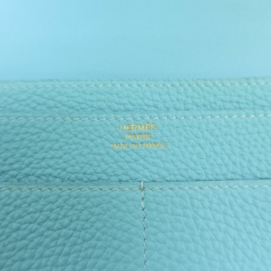 HERMES Clemence皮革Dogon GM金扣長錢包Bleu Atoll-5