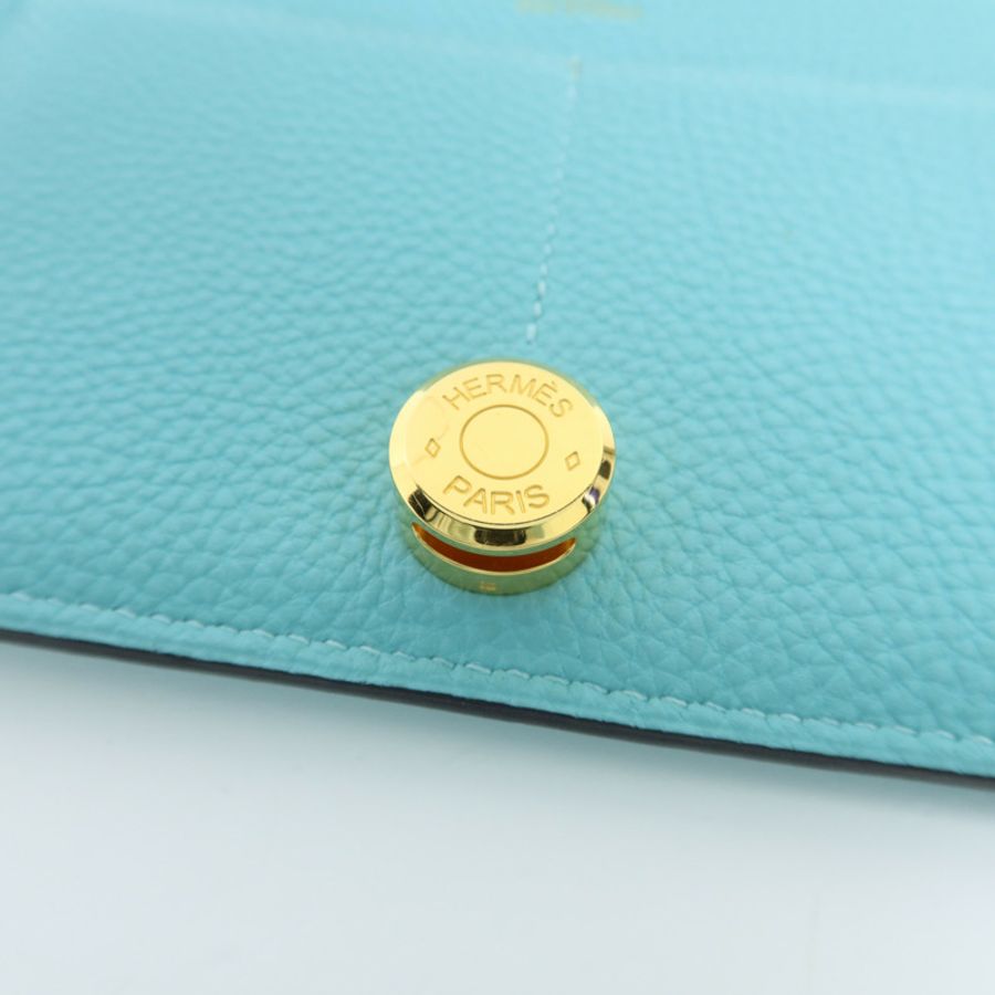 HERMES Clemence皮革Dogon GM金扣長錢包Bleu Atoll-7