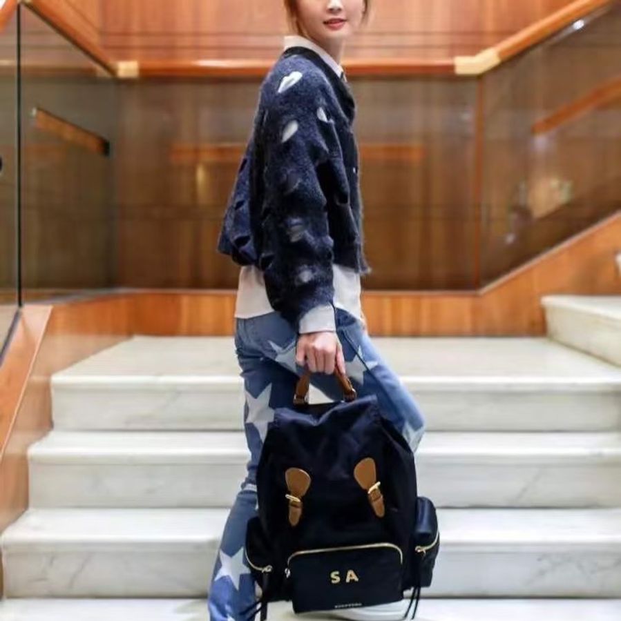 二手BURBERRY黑色金鏈尼龍中款雙肩包後背包Rucksack-14
