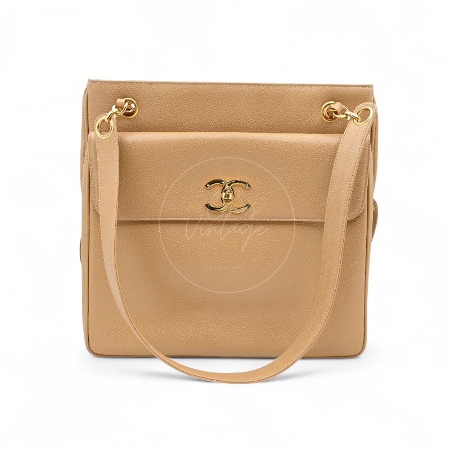 中古 Chanel 香奈兒 米色 荔枝皮 魚子醬皮革CC 托特包-0