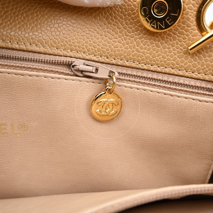 中古 Chanel 香奈兒 米色 荔枝皮 魚子醬皮革CC 托特包-26