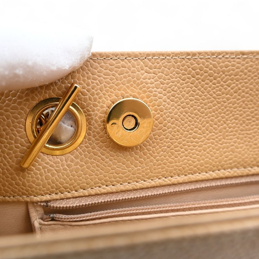 中古 Chanel 香奈兒 米色 荔枝皮 魚子醬皮革CC 托特包-27