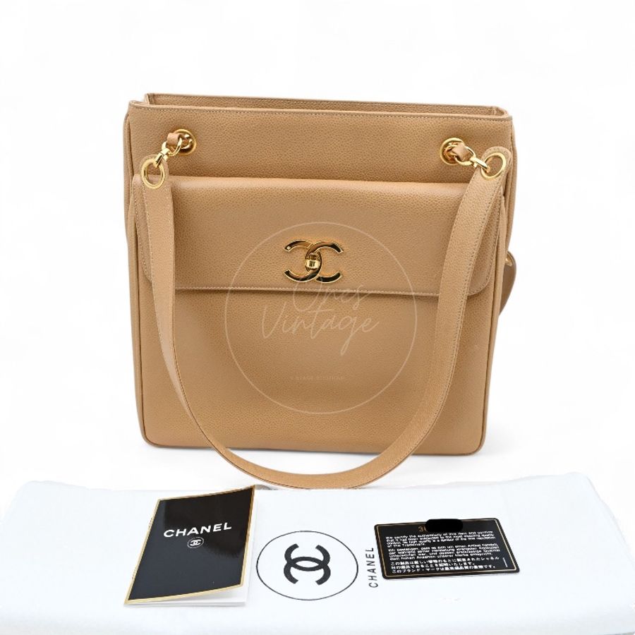 中古 Chanel 香奈兒 米色 荔枝皮 魚子醬皮革CC 托特包-33