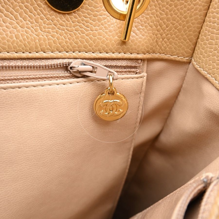 中古 Chanel 香奈兒 米色 荔枝皮 魚子醬皮革CC 托特包-35