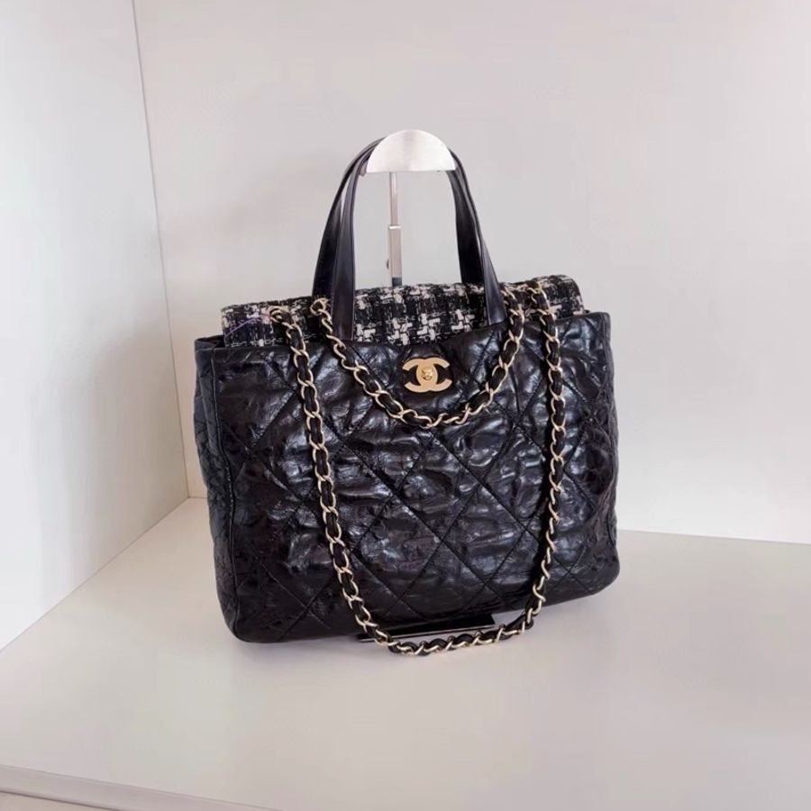 Chanel • 孟買 黑金做舊油蠟牛皮拼格紋毛呢 托特 2way-2