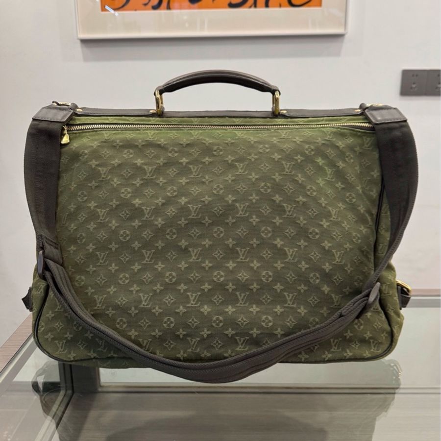 LV 墨綠色 滿印老花logo牛仔丹寧狩獵包手提包單肩包 約42cm-3