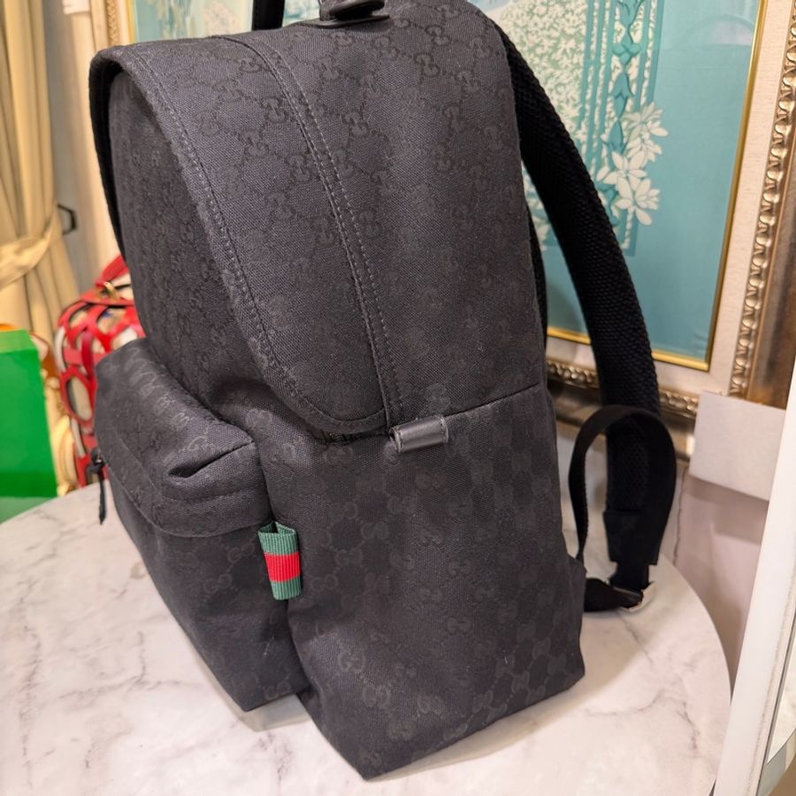 Gucci 黑緹花布銀釦前口袋手提後背包-2
