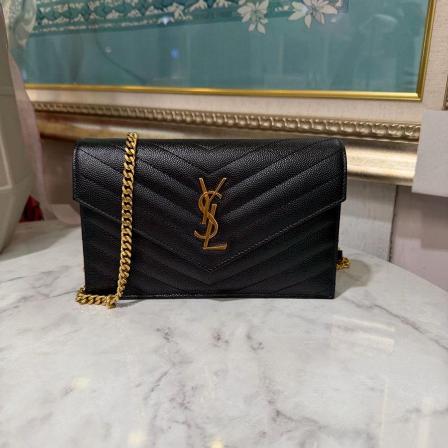 YSL 黑荔枝牛皮山型紋Cassandre WOC金釦信封下蓋6卡肩斜鍊包-0