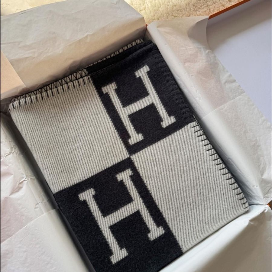 Hermès 大薄毯 黑色/灰色-4