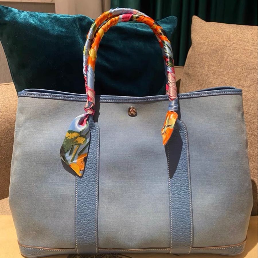 Hermès Garden Party 36 花園包藍色帆布拼皮-7