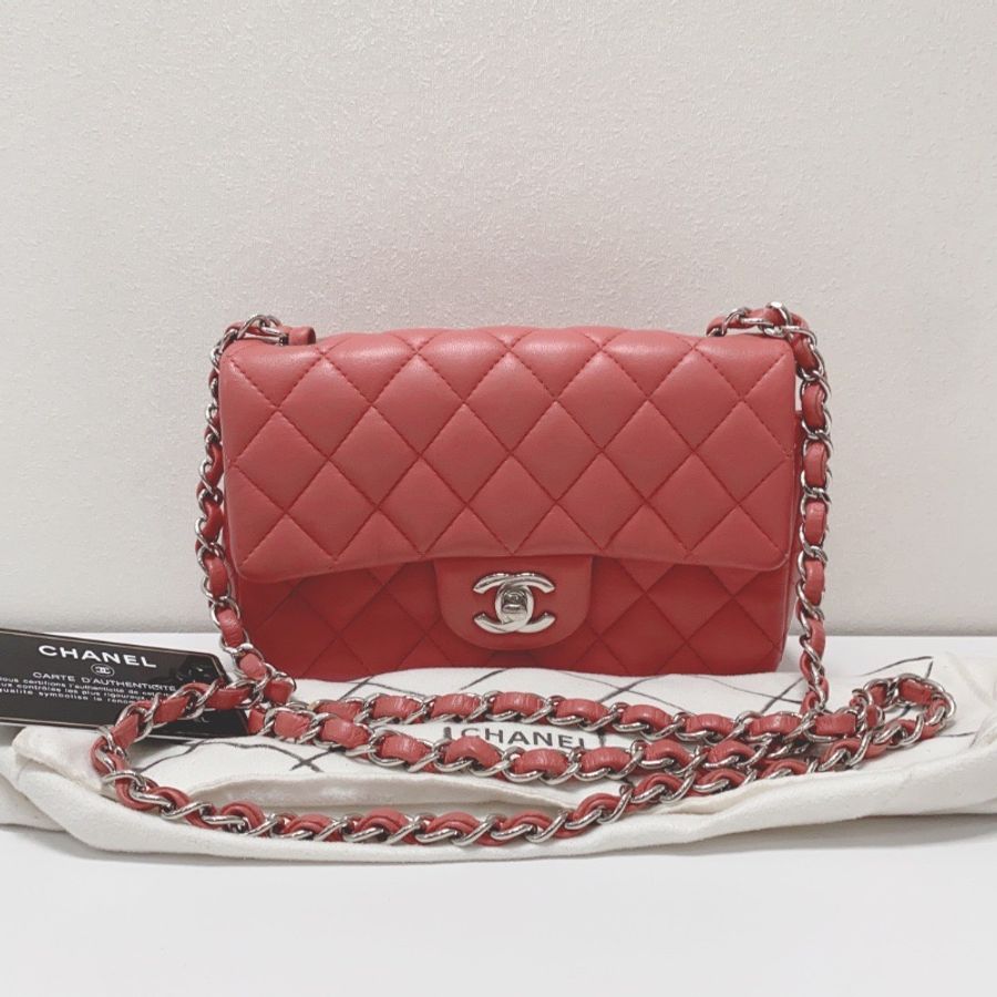 Chanel CF大mini粉色羊皮菱格鏈條肩背斜背包 20 ×12×6 98新配件塵袋保卡-1