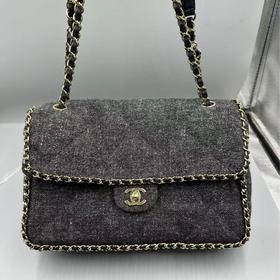 Chanel✨鏈條花呢丹寧牛仔JUMBO 機場包-0