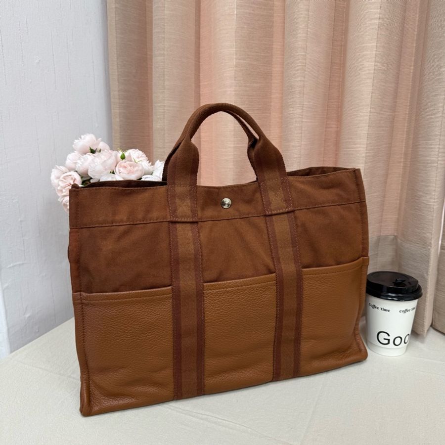 (特價出清 )Hermès 愛馬仕帆布拼皮手提包 購物包 vintage-0