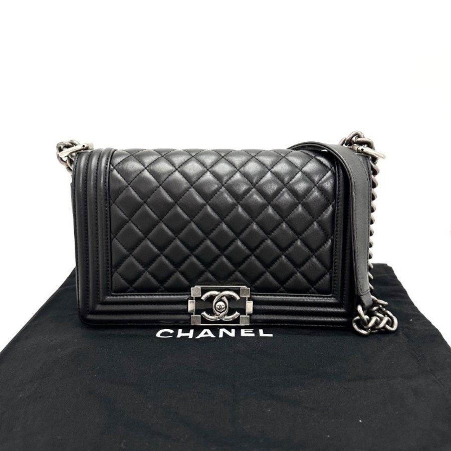 CHANEL 黑銀Leboy中號肩背斜背鏈條包25*14*7 98新配件塵袋-1