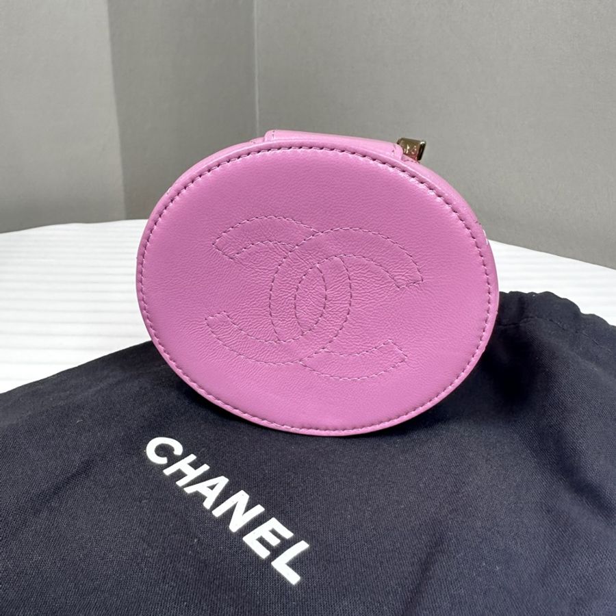 香奈兒/Chanel Vanity 粉色小圓桶金扣手提化妝包 小羊皮12×9.5×11cm-4