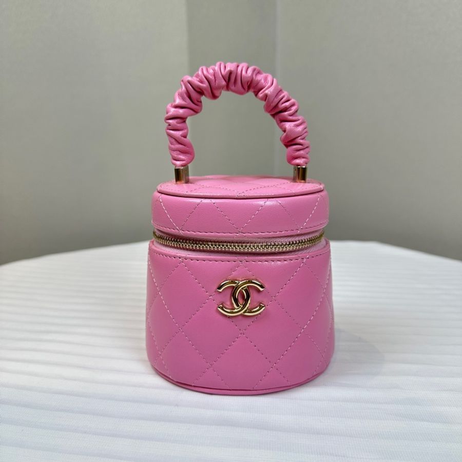 香奈兒/Chanel Vanity 粉色小圓桶金扣手提化妝包 小羊皮12×9.5×11cm-7