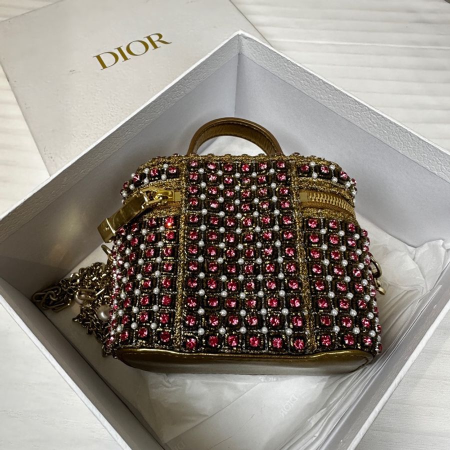 迪奧/Dior 迷你化妝包 金線粉鑽珍珠裝飾 鏈條斜背包11x7x9.5cm-1