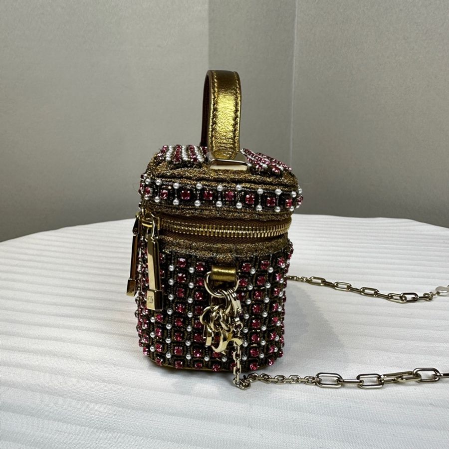 迪奧/Dior 迷你化妝包 金線粉鑽珍珠裝飾 鏈條斜背包11x7x9.5cm-3