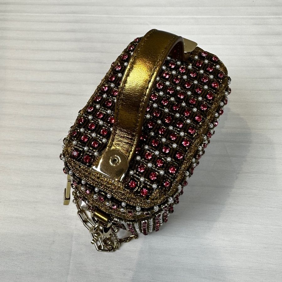 迪奧/Dior 迷你化妝包 金線粉鑽珍珠裝飾 鏈條斜背包11x7x9.5cm-4