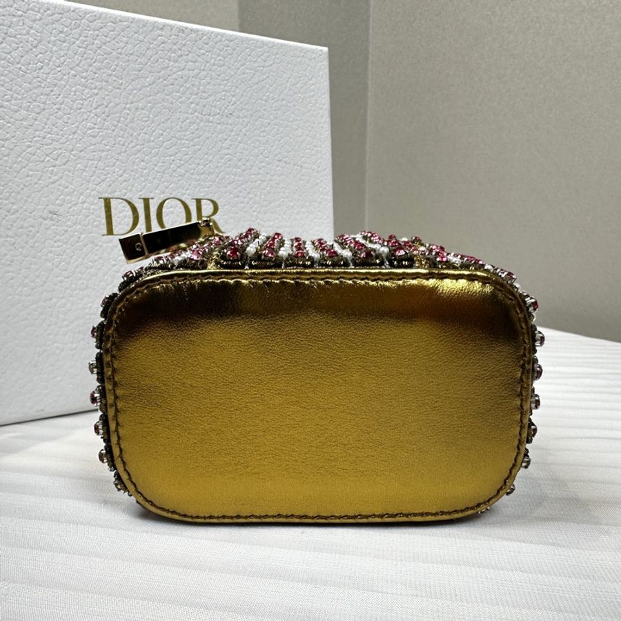 迪奧/Dior 迷你化妝包 金線粉鑽珍珠裝飾 鏈條斜背包11x7x9.5cm-5