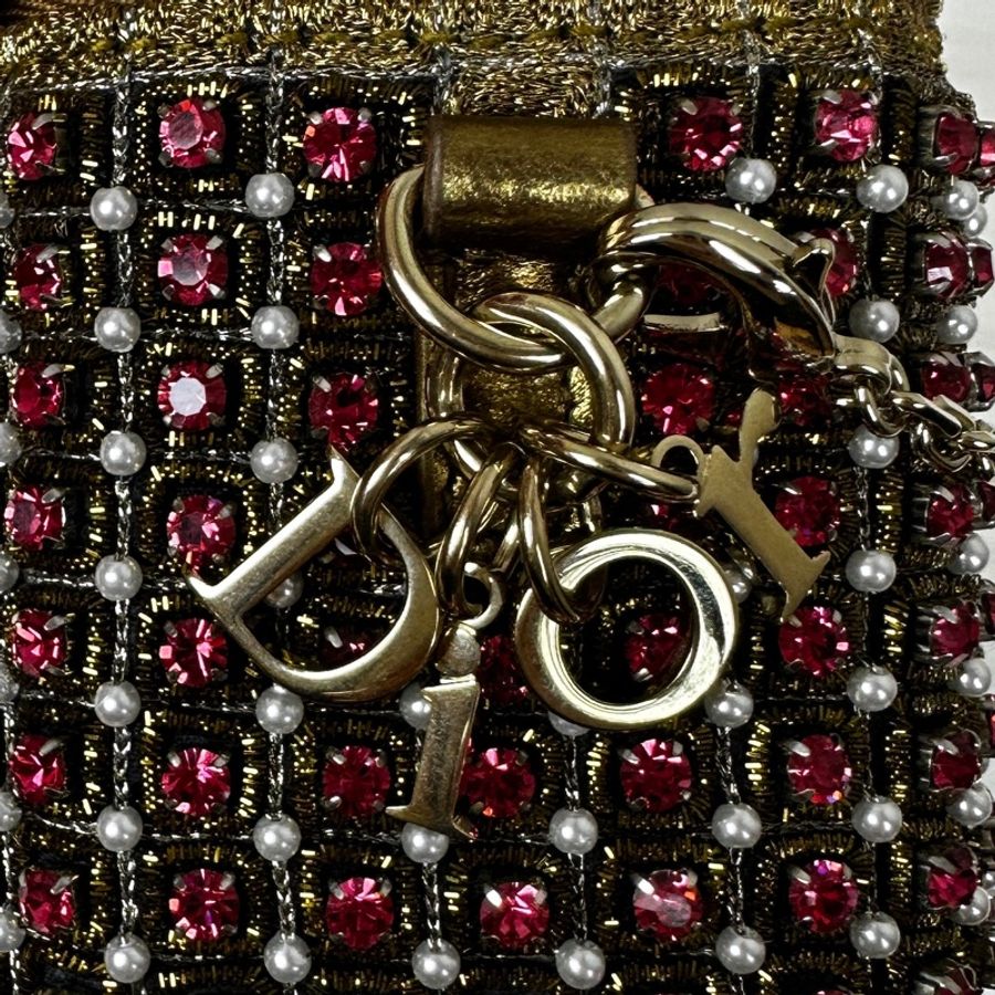 迪奧/Dior 迷你化妝包 金線粉鑽珍珠裝飾 鏈條斜背包11x7x9.5cm-13